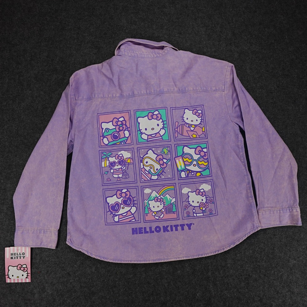 Hello Kitty Girls Lavender Denim Shacket Button Down Shirt‎ Colorful Graphic  L